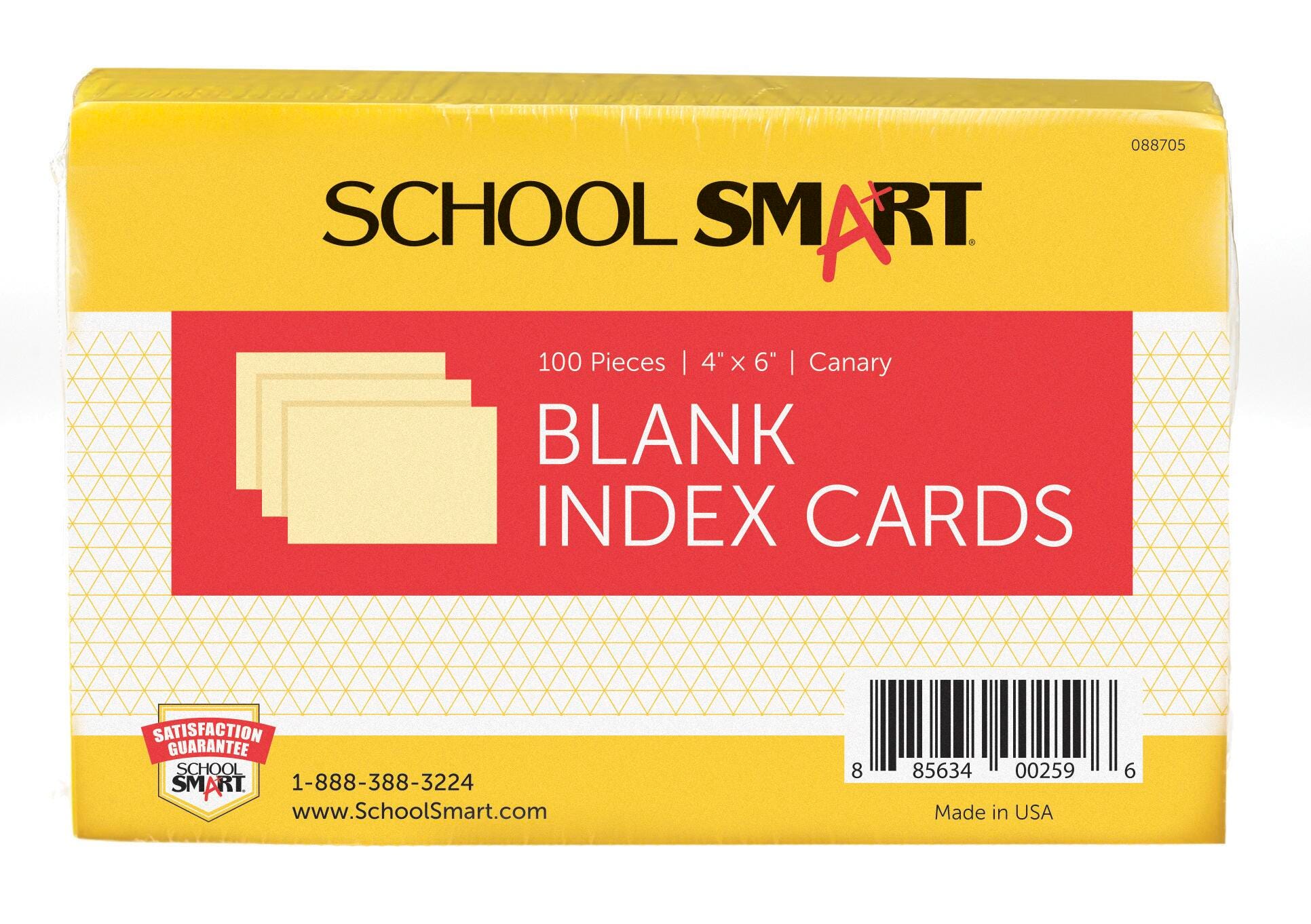 School Smart Unruled Index Cards, 4 x 6 Inches, Canary, Pack of 100 088705